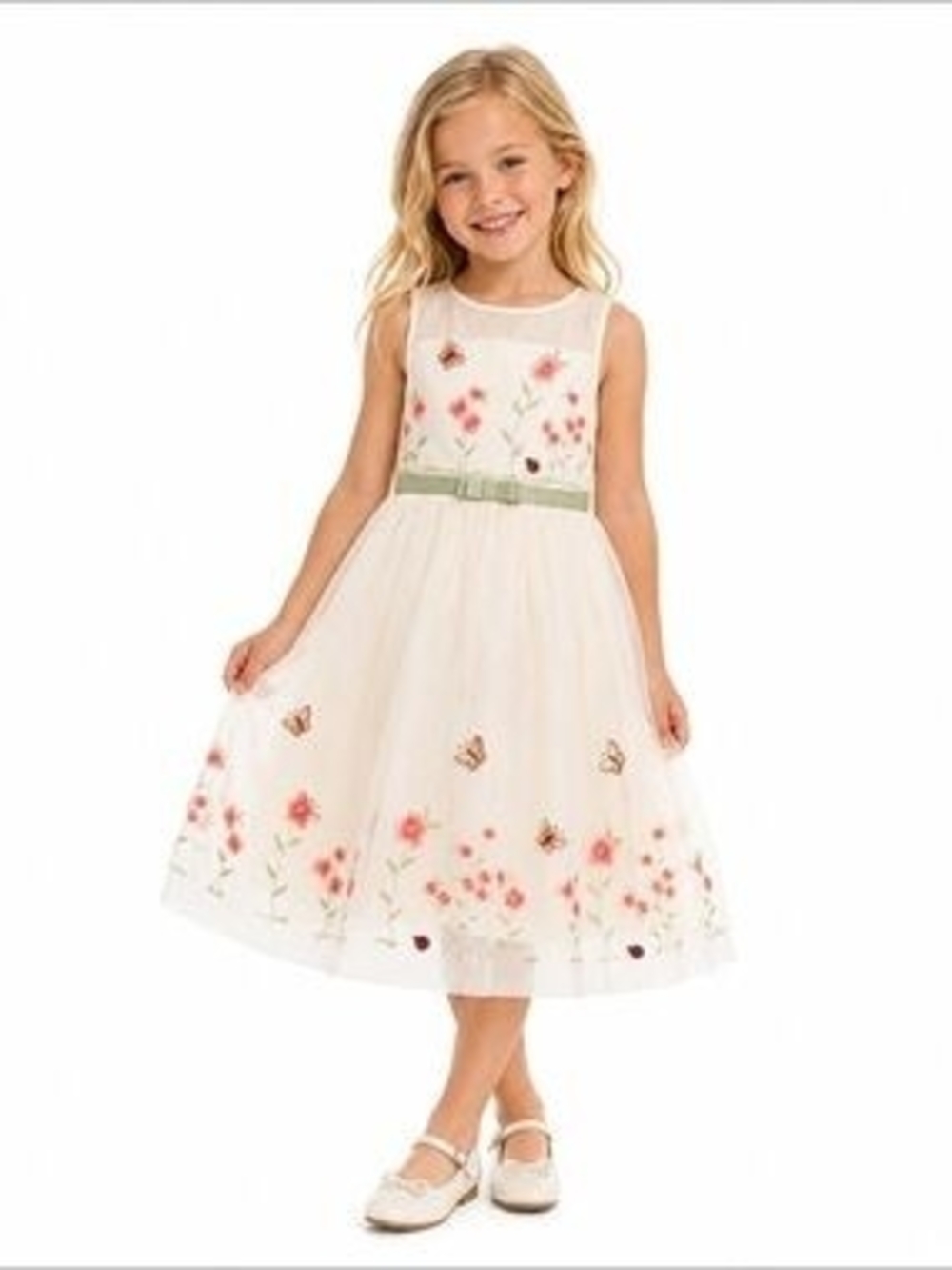 Girls White Floral Embroidered Party Dress with Green Bow